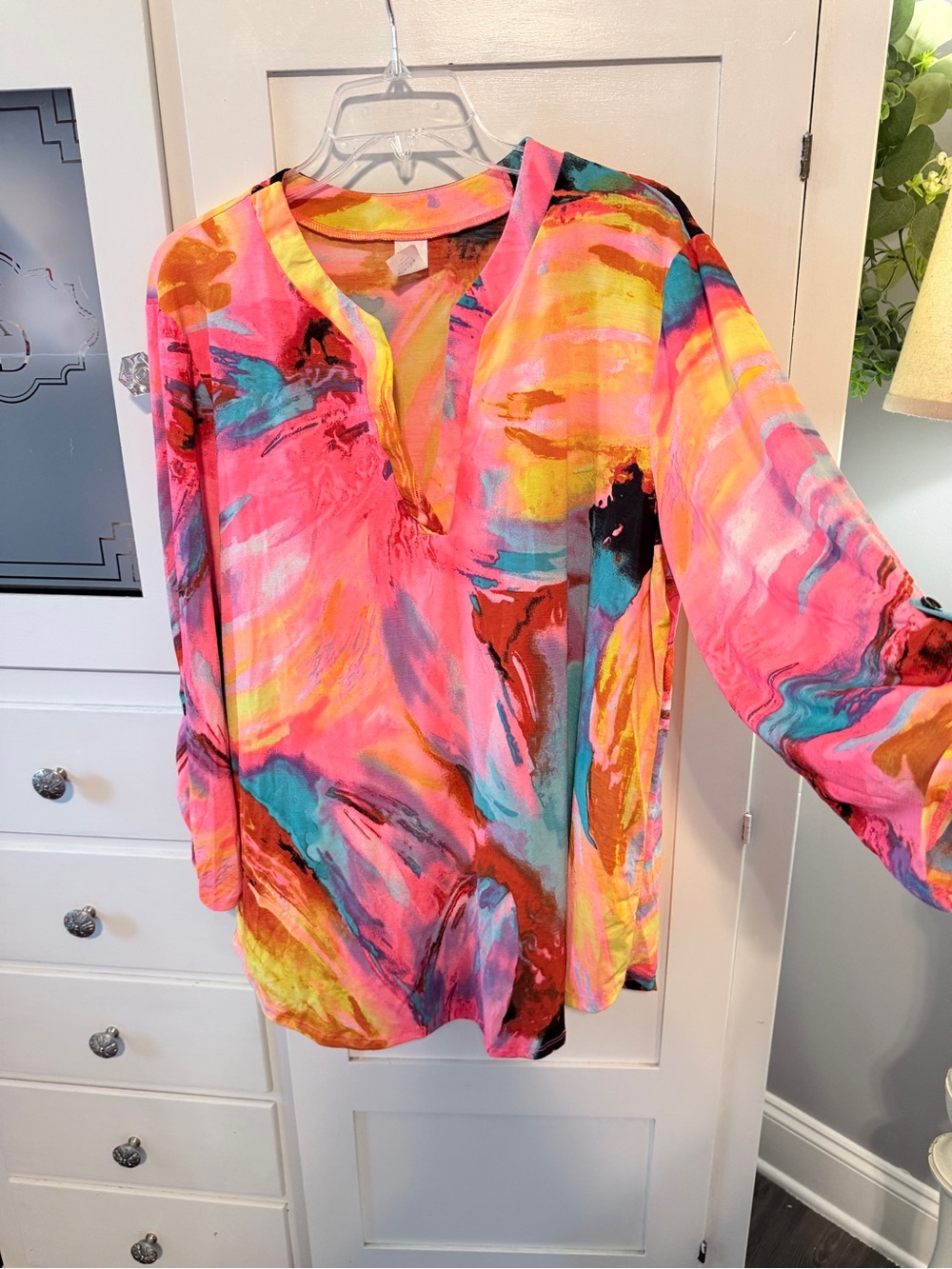 Bright Pink Abstract V-Neck Tunic Top